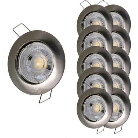 Lampesecoenergie – Lot de 10 spots encastrables LED GU10 7W – Alu brossé – Blanc chaud 400LM – Angle 38° – Installation facile avec douille GU10