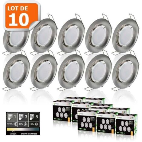 Lampesecoenergie – Lot de 10 spots LED dimmables 7W blanc chaud – Finition alu brossé – Angle de diffusion 120° – Pour installation facile 65mm - 3-step