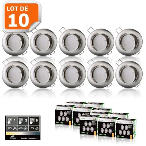 Lampesecoenergie – Lot de 10 spots led dimmables 7W blanc chaud – Orientables 25° – 560 lumens – Installation directe 230V – Finition alu brossé - 3-step