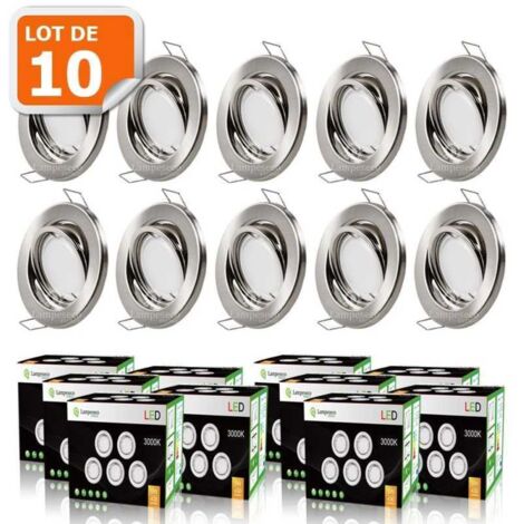 Lampesecoenergie – Lot de 10 spots encastrables orientables en aluminium brossé – Ampoule GU10 5W blanc chaud – Installation rapide sans transformateur