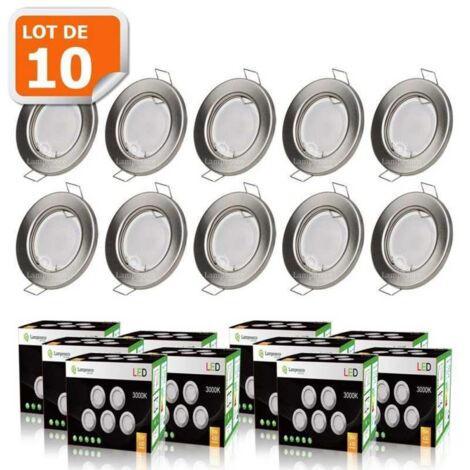 Lampesecoenergie – Lot de 10 spots led encastrables ronds fixes en aluminium brossé – Équivalent 50W – Blanc chaud 2800K – Installation facile 58mm