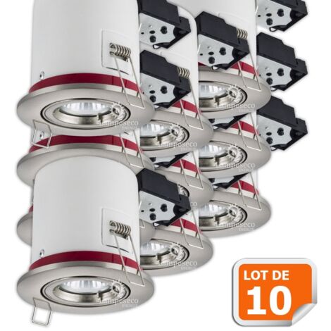 Lampesecoenergie – Lot de 10 supports de spot orientables 100mm – Alu brossé – Douille GU10 automatique – Fixation à ressort – Étanchéité à l'air