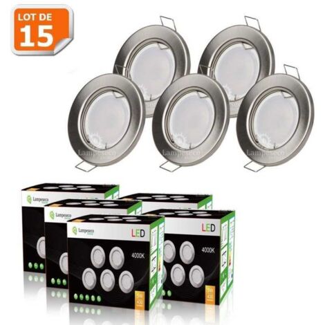 Lampesecoenergie – Lot de 15 spots LED encastrables ronds 5W – Aluminium brossé blanc neutre – Culot GU10 – 460 lumens – Angle 120° – Pour installation intérieure
