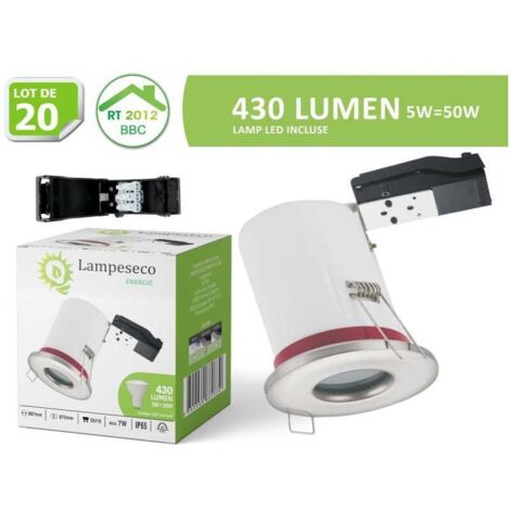 Lampesecoenergie – Lot de 20 spots encastrables étanches IP65 87mm – Douille GU10 avec ampoule LED 5W 3000K – Pour pièces humides et cuisines