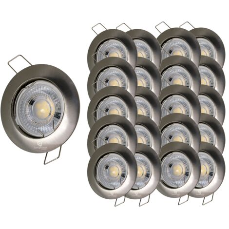 Lampesecoenergie – Lot de 20 spots encastrables LED GU10 7W 400 lumens – Aluminium brossé – Blanc chaud 2700K – Angle 38° – Installation rapide 230V