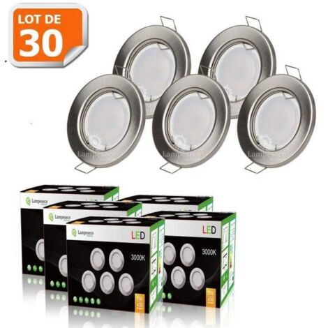 Lampesecoenergie – Lot de 30 spots LED encastrables fixes en aluminium brossé – GU10 blanc chaud 2800K – 5W 430LM – Installation directe 230V – Angle 120°