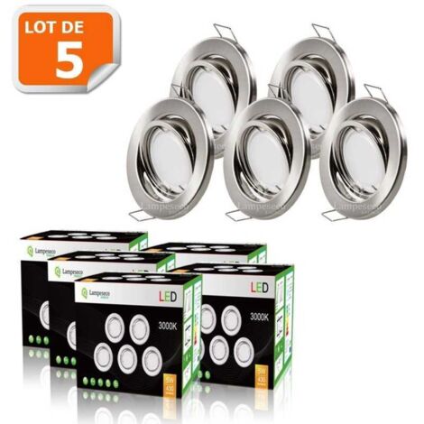 Lampesecoenergie – Lot de 5 spots encastrables orientables 5W – Alu brossé – Équivalent 50W halogène – Blanc chaud – Installation facile 75mm