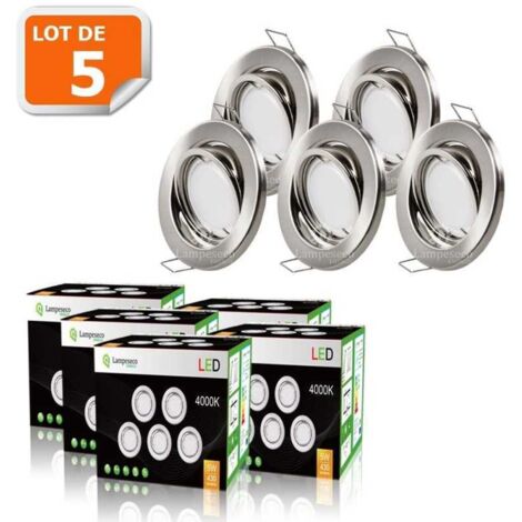 Lampesecoenergie – Lot de 5 spots LED encastrables orientables 5W – Aluminium brossé – 460 lumens – Installation directe 230V – Douille GU10 fournie