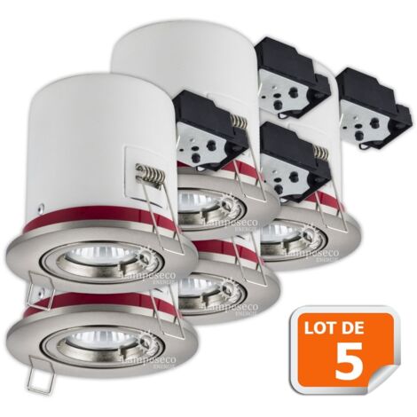 Lampesecoenergie – Lot de 5 supports de spot orientables en alu brossé 100mm – Douille GU10 automatique – Label BBC – Étanchéité à l'air complète