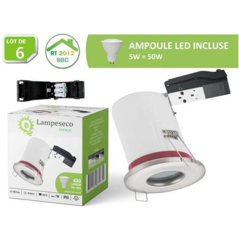 Lampesecoenergie – Lot de 6 spots encastrables étanches IP65 en inox 87mm – Douille GU10 – Ampoule LED 5W 3000K – Installation rapide sans vis