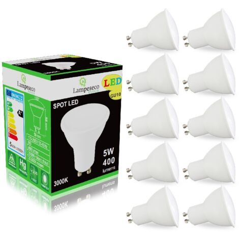 Lampesecoenergie – Pack de 10 ampoules led GU10 5W blanc chaud 3000K – Remplaçantes halogène 50W – Grand angle 120° – Diffusion régulière