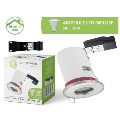 Lampesecoenergie – Spot encastrable étanche IP65 87mm – Inox – Douille GU10 – Ampoule LED 5W 3000K – Installation facile pour pièces humides