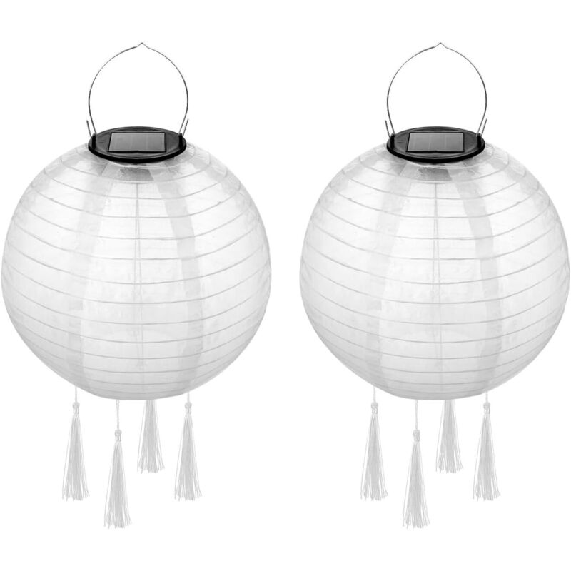 Lampion Solaire Exterieur Blanc 2 pièces, 20cm Led Solaire Lanterne papier Avec 4 franges, Nylon Étanche Suspension Jardin Lanterne Chinoise [Classe