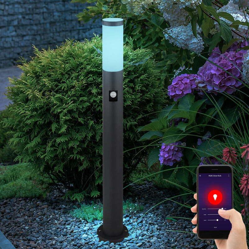 Image of Lampione da giardino con rilevatore di movimento antracite Smart led piantana da giardino in acciaio inox segnapasso giardino, cambio colore rgb