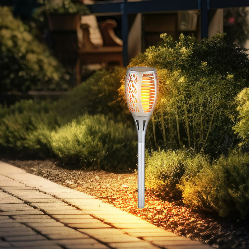 Image of Lampioni solari da esterno giardino plug-in luce effetto fiamma IP44 luci solari da giardino a batteria, plastica argento, 1x led 3000K, DxH 10x58cm