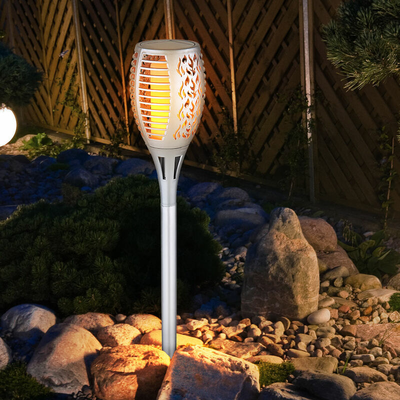 Image of Lampioni solari da esterno giardino plug-in luce effetto fiamma IP44 luci solari da giardino a batteria, plastica argento, 1x led 3000K, DxH 10x58cm