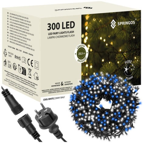 SPRINGOS Lampki choinkowe 24m zimny biały, flash niebieski 300 led oświetlenie świąteczne IP44 Luces de Navidad de 24 metros en blanco frío, destello azul, 300 luces LED, iluminación navideña IP44.