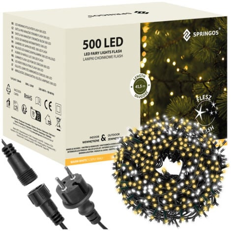 SPRINGOS Lampki choinkowe 40m biały ciepły, flash biały zimny 500 led oświetlenie świąteczne IP44 Luces de Navidad de 40 metros en blanco cálido, flash en blanco frío con 500 luces LED, iluminación navideña I