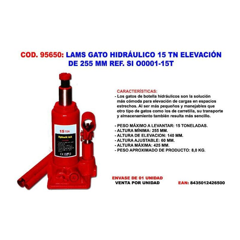 

lams gato hidráulico 15 tn elevación 255 mm ref. si o0001-15t - Mibricotienda