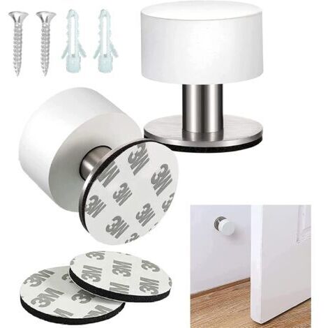 LAN 2 Pièces Butoir De Porte Mural Arret Porte Mural Butée Porte Butoir Porte Butée De Porte Adhésive Acier Inoxydable Avec Butée En Caoutchouc, 4 x 4,2 Cm, pour Cuisine, Chambre, Bureau (Blanc)