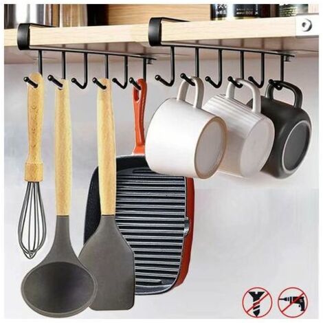 LAN 2pcs Tasse Tasses à Verres de Rangement Crochets Ustensiles de Cuisine Cravates Ceintures et écharpe Accrocher porte-rack Crochet sous Placard Cabinet Sans Perçage (Noir)