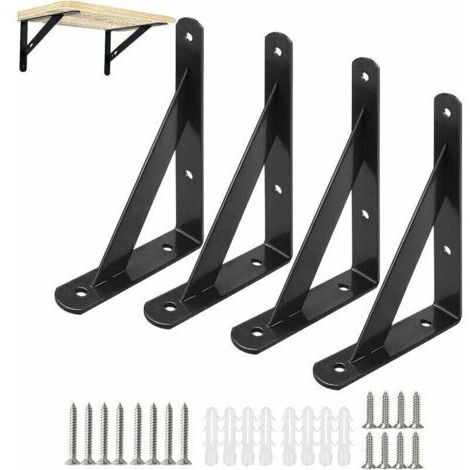 LAN 4 Pcs Equerre Etagere Murale Noir 15cm Équerre Triangulaire Support Etagere Murale en Fer Noir avec Vis pour étagère déco cuisine chambre meubles suspendus placard， Fonepro
