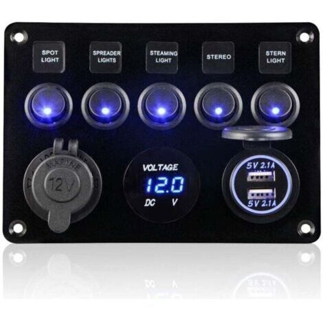 LAN 5 Gang Panneau de Interrupteur à Bascule 12V/24V Étanche IP65 Panneau de Commutateur avec Chargeur Double USB Voltmètre Numérique pour Voiture Bateau Camion RV Marine Camping-car