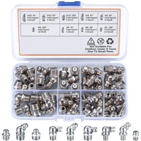 LAN 60 Pièces graisseur a Visser, Assortiment Graisseur M6 M8 M10, Droit Graisse Raccord 45° 90° 180°, avec Boîte en Plastique, pour Équipement Mécanique, Embout de Graissage Fixations