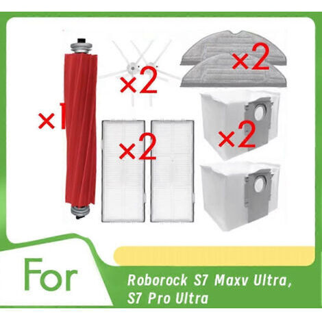 LAN Accessoires pour aspirateur Roborock S7 Maxv Ultra/S7 Pro Ultra : brosse principale, filtre à poussière, brosse latérale, brosse de nettoyage.