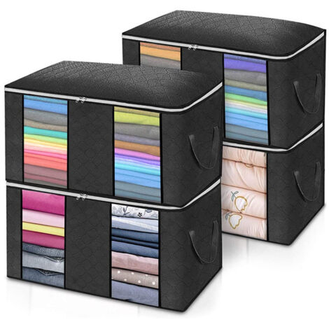 LAN BDD 4 pcs Épais Non-tissé Quilt Organisateur Grande Capacité Boîte De Rangement Sac avec Poignées Renforcées pour Couette Couverture Oreiller Jouet Veste Vêtements Noir