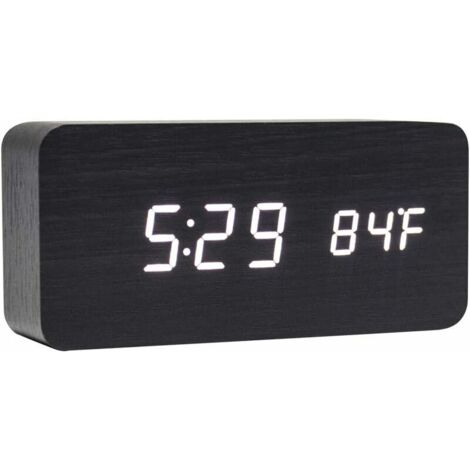 LAN BDD Horloge numérique en bois multifonctionnel LED réveil commande vocale adapté à la maison lumière blanche en bois noir