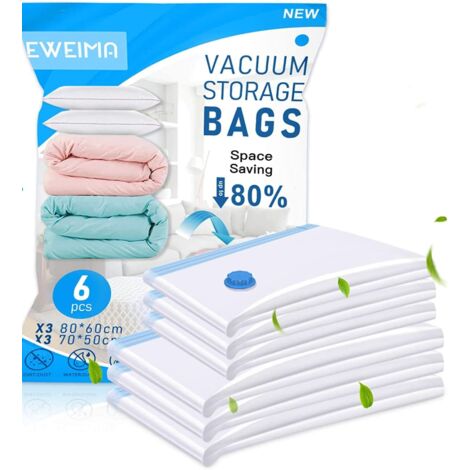 LAN BDD Lot de 6 sacs de rangement sous vide de 2 tailles, sacs de compression de voyage réutilisables, sacs sous vide pour vêtements, literie, oreillers, jouets en peluche.