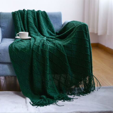LAN Couverture tricotée gland couvre-lit couleur unie plaid nordique couverture chaude tapis mode couverture douce housse de canapé couvre-lit décoratif 130 200 cm vert foncé
