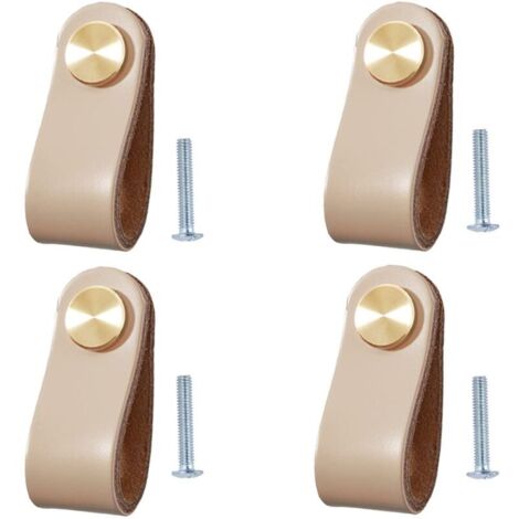 LAN Ensemble de 4 poignées de meubles en cuir, boutons de placard, poignées de tiroir, poignées de meubles anciennes pour armoires, commodes, cuisine, salle de bain (kaki)
