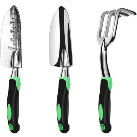 LAN Ensemble d'outils de jardinage, lot de 3, kit de jardinage robuste en aluminium comprenant une truelle à main, une truelle de transplantation et un râteau à main cultivateur