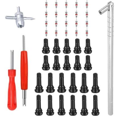 LAN Extracteur et installateur de tiges de valve : 10 tiges de valve courtes en caoutchouc TR412, 6 tiges de valve TR413, 6 tiges de valve TR414, outil de démontage de noyau de valve simple à 4 voies