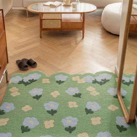 LAN Fleurs vertes [Disposition horizontale] Boucle en soie 5080cm Tapis de sol miniature à boucles, résistant, antitache et anti-usure, idéal pour enlever la boue et la saleté de l'entrée. Personnalis