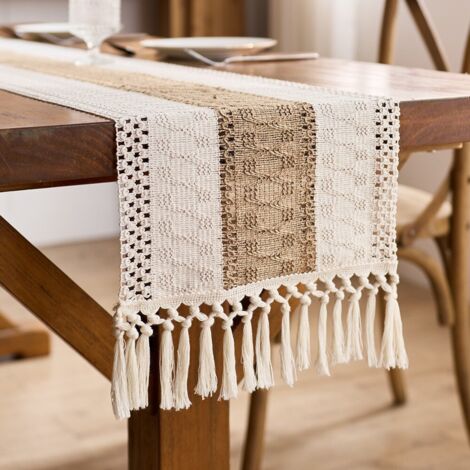 LAN Fond blanc avec des touches de marron, 30 x 180 cm Chemin de table en coton vert à pompons, motif ajouré noué, nappe de cuisine de style campagnard.