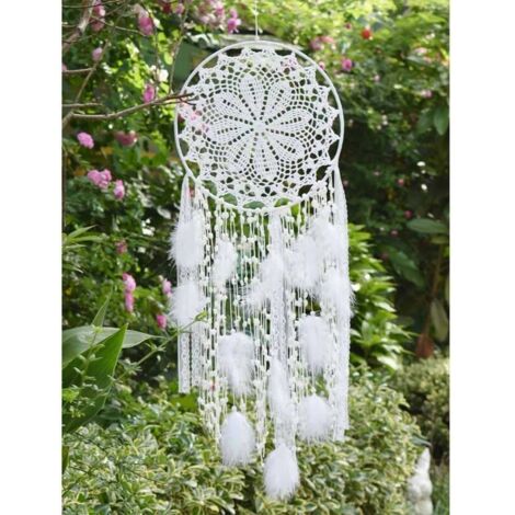 LAN Grand attrape-rêves avec plumes blanches macramé à suspendre au mur pour décoration vintage de mariage ou maison - 100 cm de long Cercle de 30 cm de diamètre (blanc)