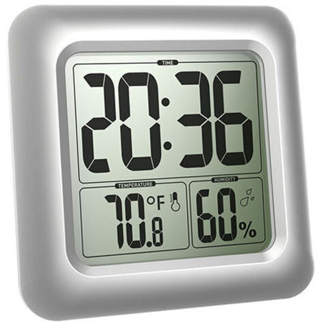 LAN Grande horloge murale étanche pour salle de bain, grand écran LCD, résistante à l'eau, horloge suspendue facile à lire pour les personnes âgées (argentée)