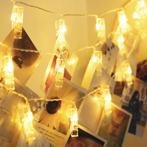 LAN Guirlande lumineuse avec clip pour photos, 20 LED, lumière blanc chaud, 2m, alimentation par piles, 8 modes d'éclairage d'ambiance pour la décoration intérieure