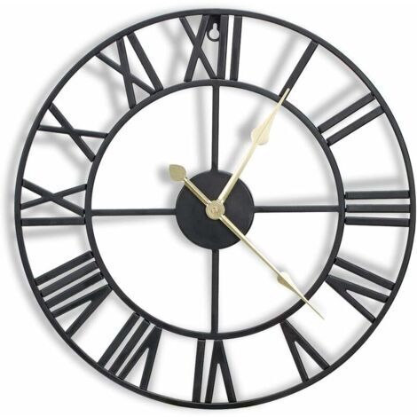 LAN Horloge murale en métal de 16 pouces avec chiffres romains 3D, mouvement silencieux et à piles, superbe décoration murale pour cuisine, salon et ferme, noir