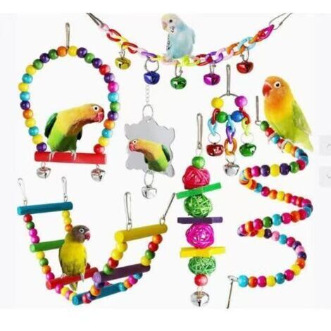 LAN Jouets pour oiseaux, ensemble de 7 pièces pour perroquets, jouets à mâcher suspendus, balançoire, échelle, sepak takraw, clochettes, pour perroquets, inséparables, pinsons