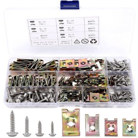 LAN Kit de 200 pièces comprenant des clips en U et des vis, des fixations métalliques universelles en forme de U et des vis de carrosserie pour les ailes de voiture.