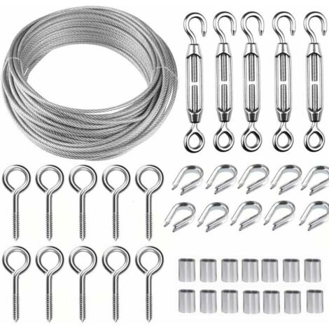 LAN Kit de cable métallique en acier inoxydable de 30 m/2 mm avec tendeur de fil robuste M5, kit de rouleau de fil de clture, kit de garde-corps de cable, tendeurs de fil de jardin pour plantes grimpa