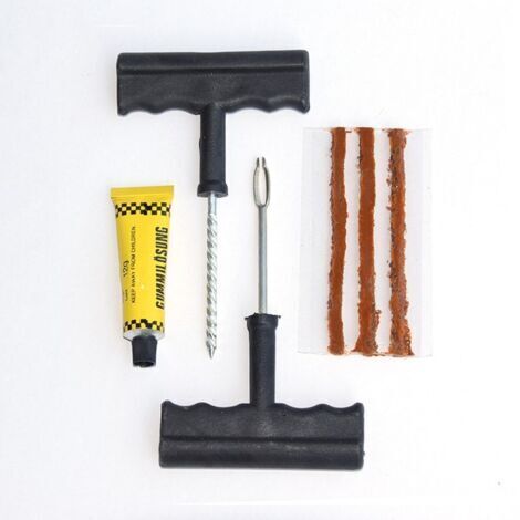 LAN Kit de réparation de pneu sans chambre à air - 3 mèches de 100 mm + colle 10 ml + cutter et perforateur avec poignée en T - Kit de crevaison pour moto, voiture, quad, vélo