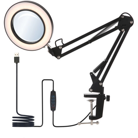 LAN Lampe de bureau LED à intensité variable avec 3 modes de couleur et 10 niveaux de luminosité, Lampe de Table flexible à pince avec miroir grossissant 8x, Lampe bureau à bras rotatif, Noir, Convien