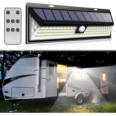 LAN Lampe solaire pour camping-car - Détecteur de mouvement - 118 LED - Avec télécommande - Étanche - Pour les voyages en camping-car, les remorques de voyage
