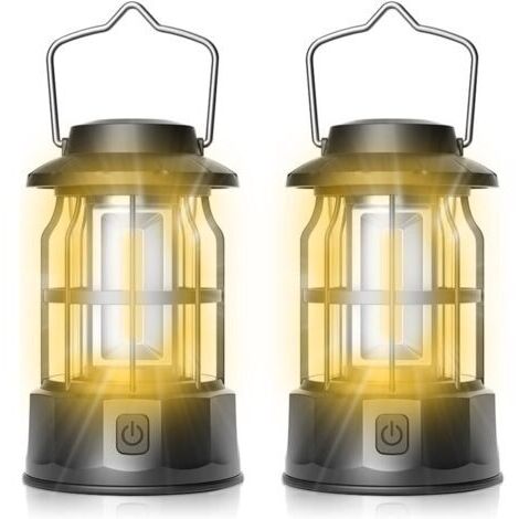 LAN Lanterne de camping LED, lot de 2 lampes de camping portables, luminosité réglable, étanche, idéale pour le bivouac, la pêche, la randonnée et comme lampe de secours.