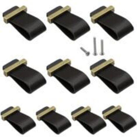 LAN Lot de 10 poignées de meubles en cuir noir, avec vis, pour portes, tiroirs, commodes et placards.